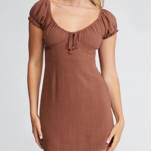 LA Hearts Chocolate Brown Linen Brown Tie Front Detail Puff Sleeve Mini Dress